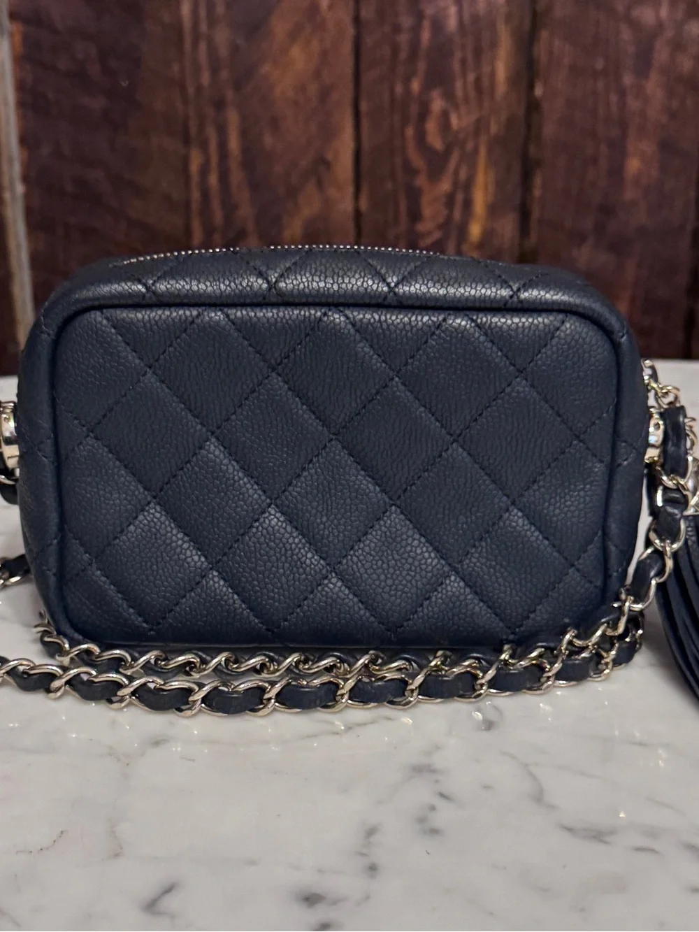 Chanel Mini Coco Tassel Camera Bag Navy Caviar Gold Chain – Like New